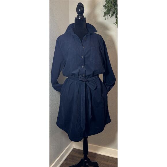 Navy Long Sleeve Corduroy Button Down Belted Dress Modest Teacher Officewear - Picture 1 of 10
